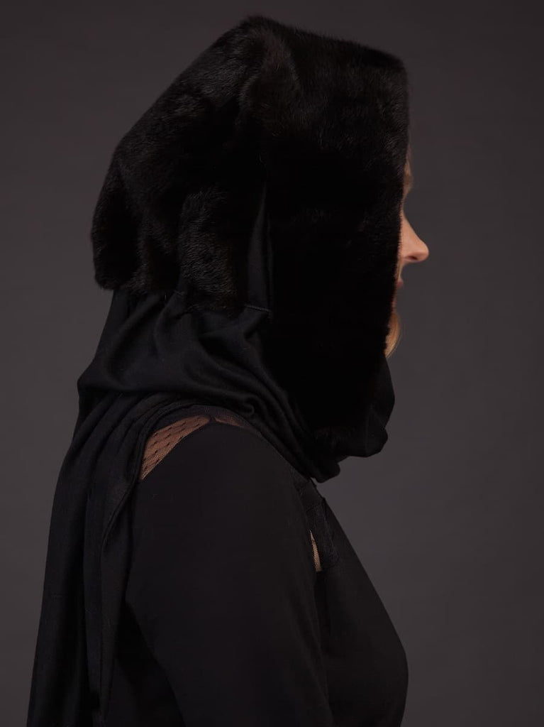 Black Mink Fur & Cashmere Shawl – Hooded Scarf