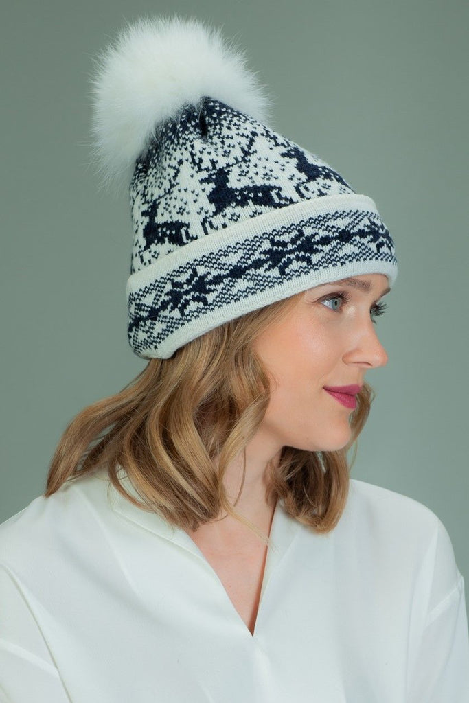 Wool Hat with Fur Pom-Pom in Santa Deer Pattern - Dark Blue