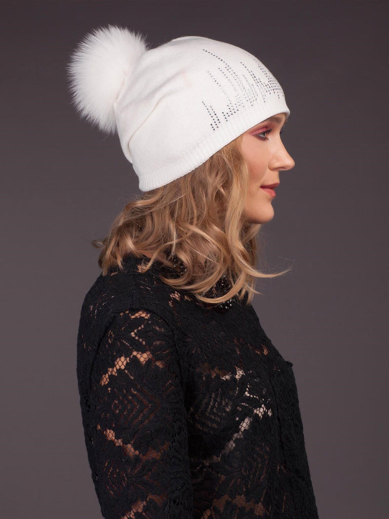 Cashmere Hat With Natural Fox Fur Pom Pom - White