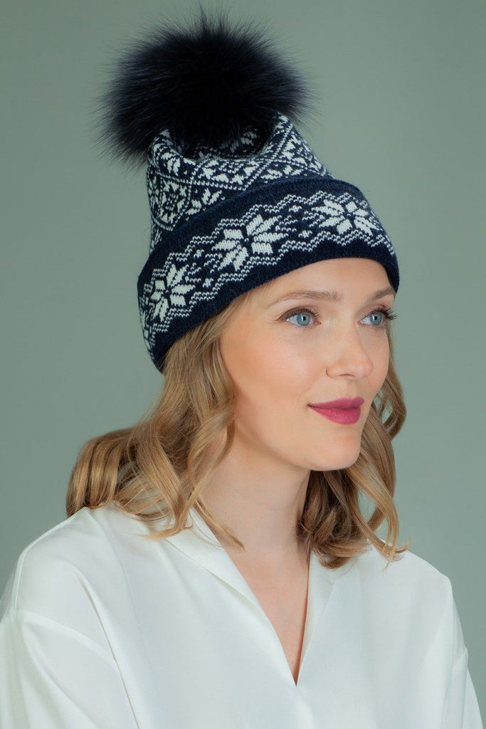 Knit Wool Hat with Fur Pom-Pom in White Star Pattern
