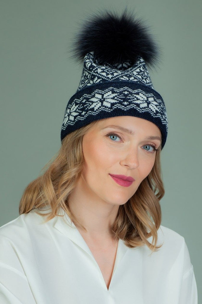 Knit Wool Hat with Fur Pom-Pom in White Star Pattern