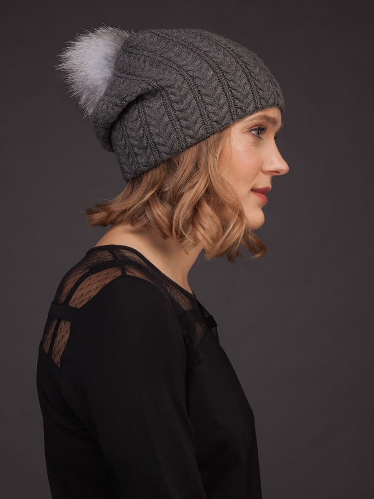 Women's Cashmere Beanie Hat, Warm and Super Soft with Fox Fur Pom Pom