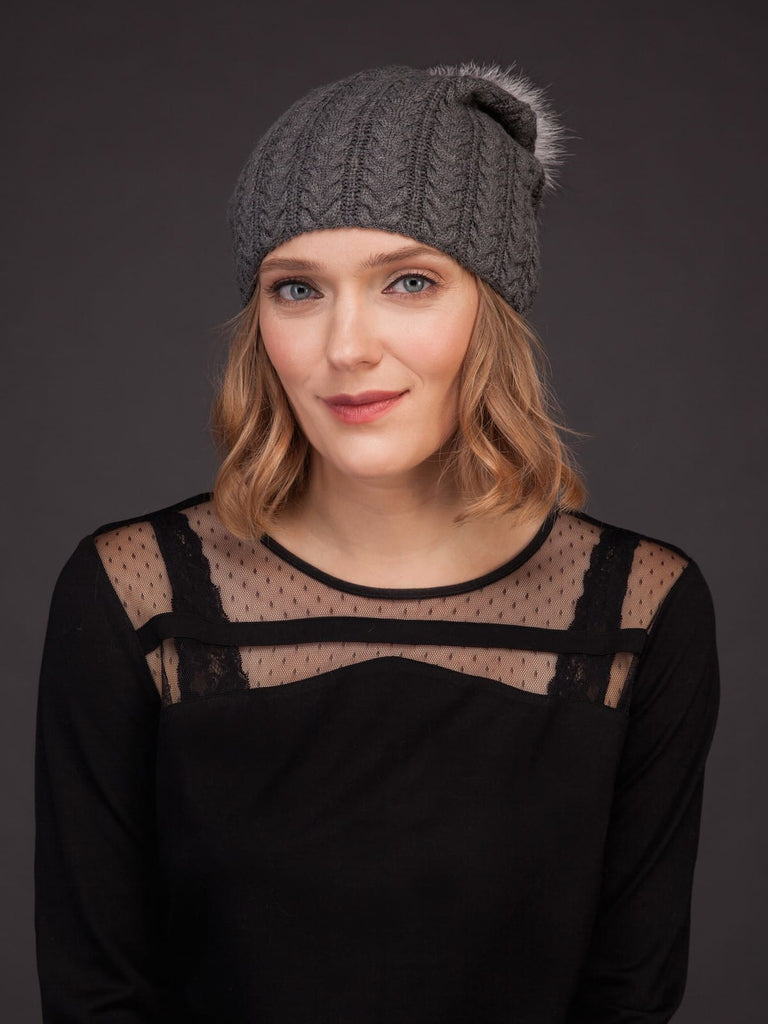 Women's Cashmere Beanie Hat, Warm and Super Soft with Fox Fur Pom Pom