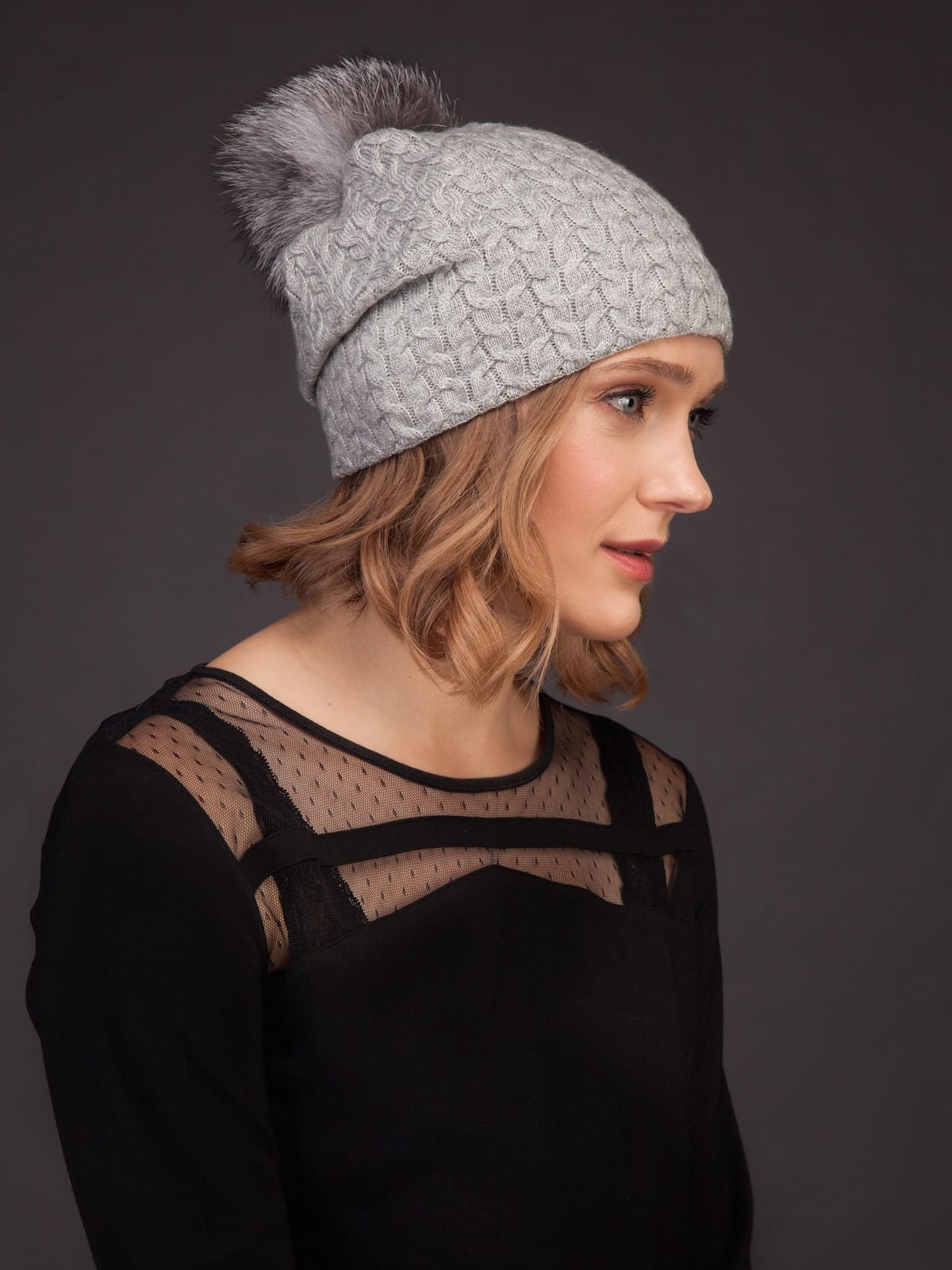 Women's Cashmere Beanie Hat, Warm and Soft Fox Fur Pom Pom –